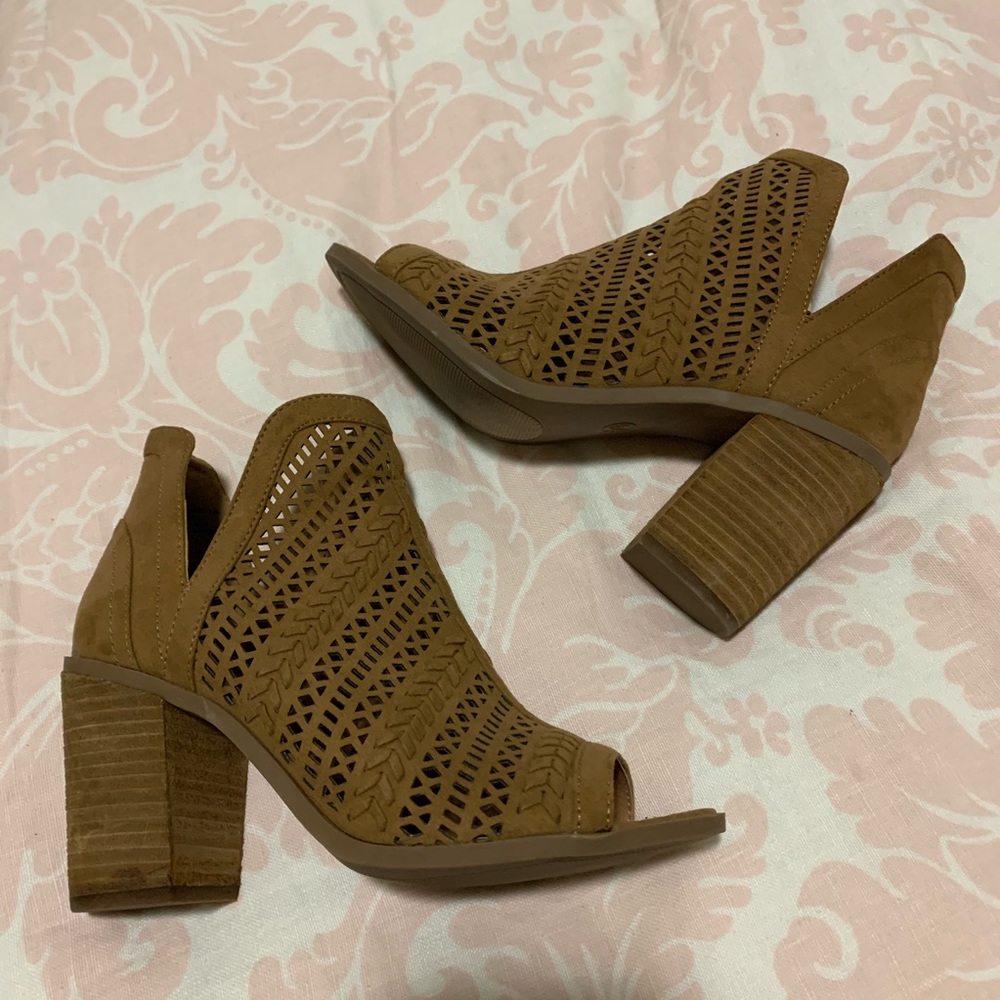 Tan open toe heels